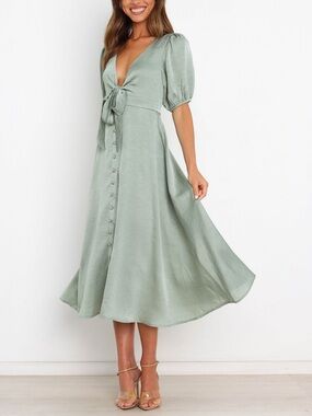 Petal & Pup Light Sage Button-Front Midi Dress with Tie